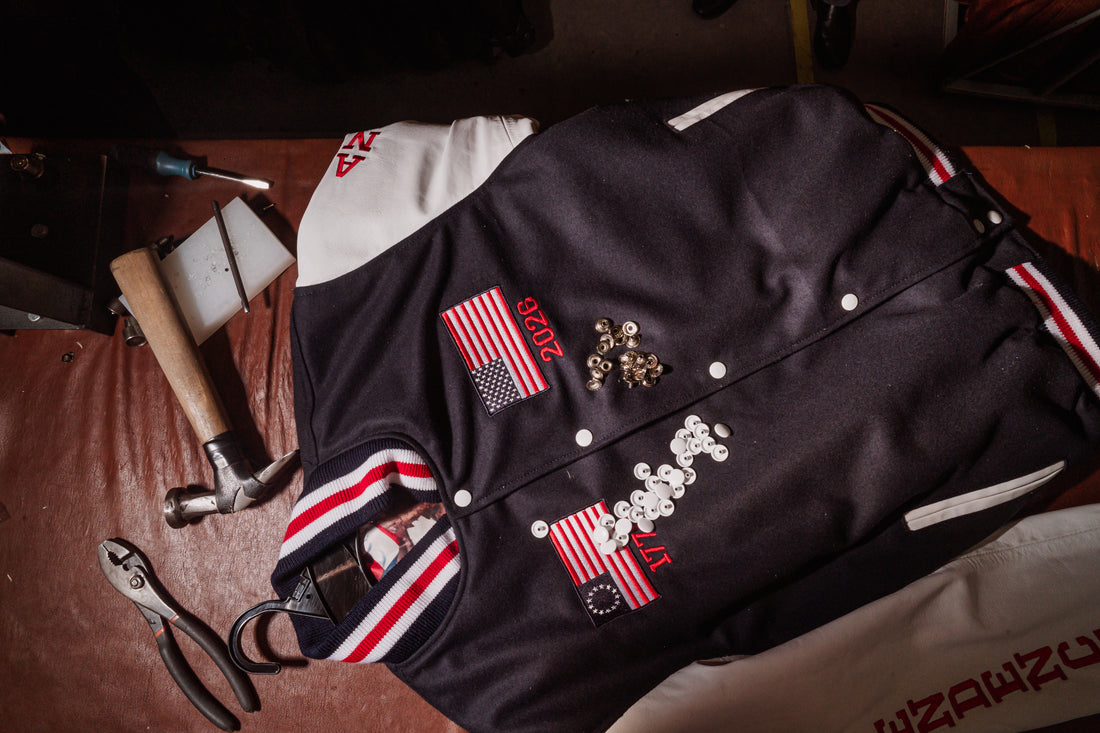 Front view – 1776 and 2026 embroidered flags” | “Right sleeve INDEPENDENCE detail” | “Back eagle crest 250th Anniversary”
